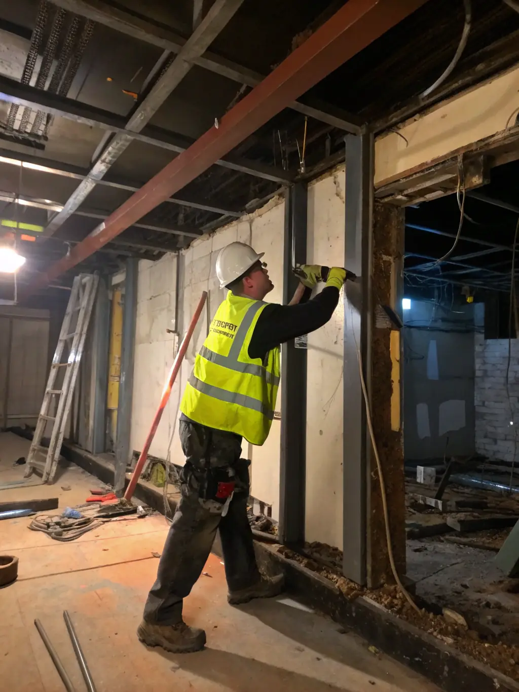 A photo of a construction site being thoroughly cleaned, with workers removing debris, sweeping floors, and wiping down surfaces, highlighting construction site cleaning.