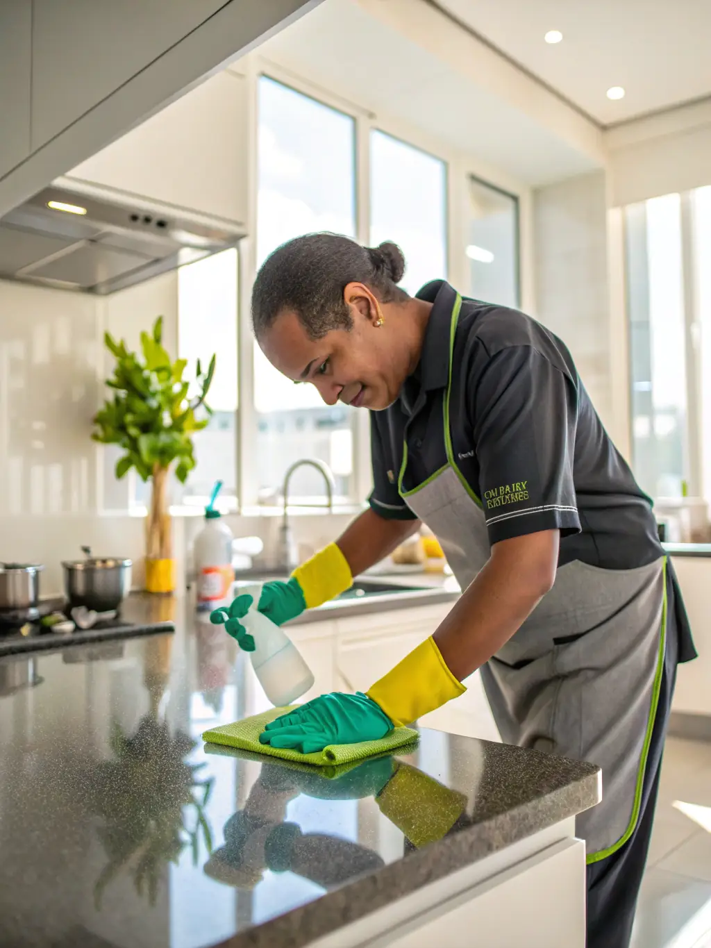 A close-up shot of a cleaning professional using eco-friendly cleaning products on a surface, emphasizing the company's commitment to sustainability and health.