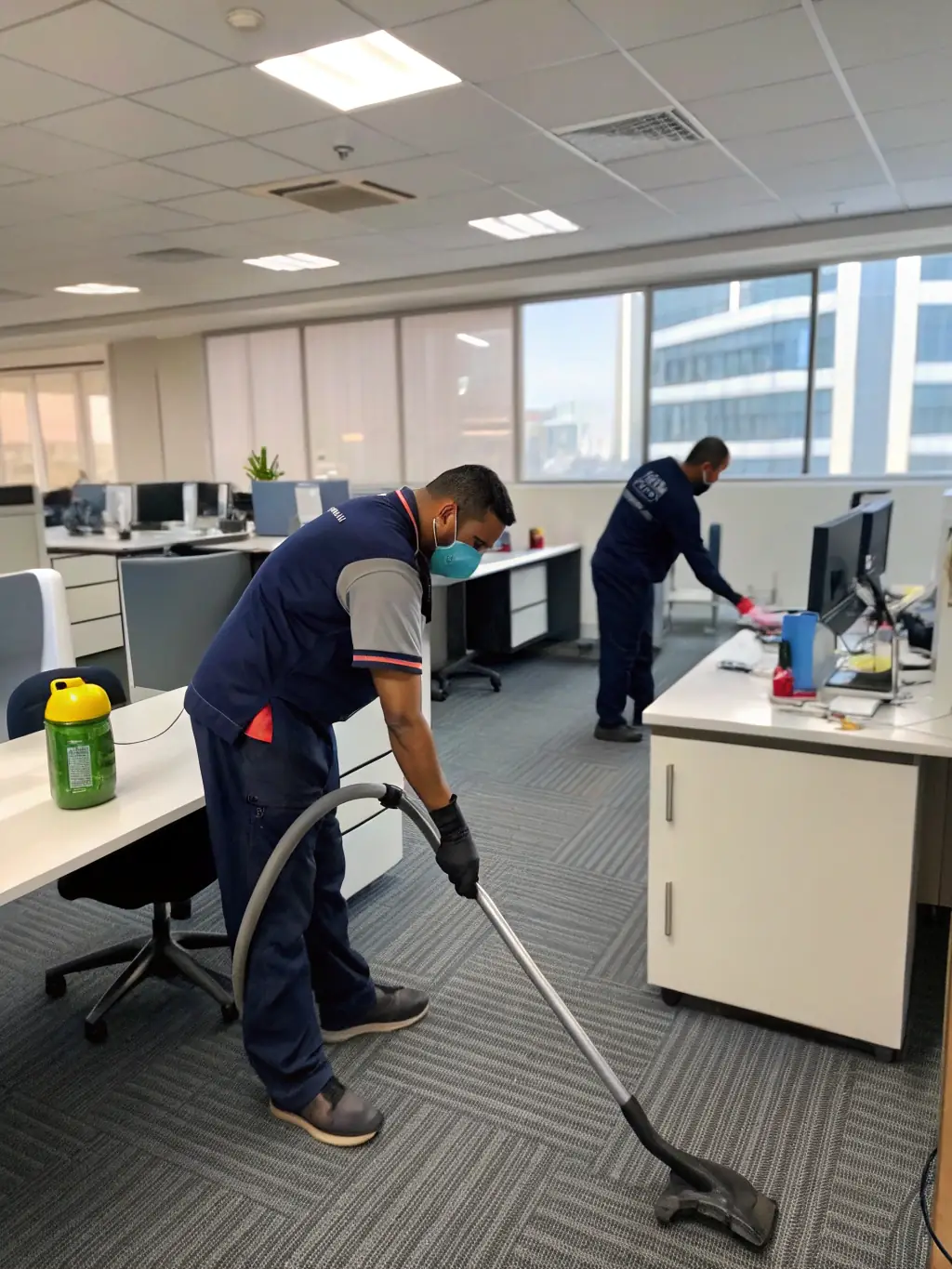 A professional cleaning team in a modern office setting, dusting desks, vacuuming carpets, and sanitizing common areas, emphasizing office cleaning services.