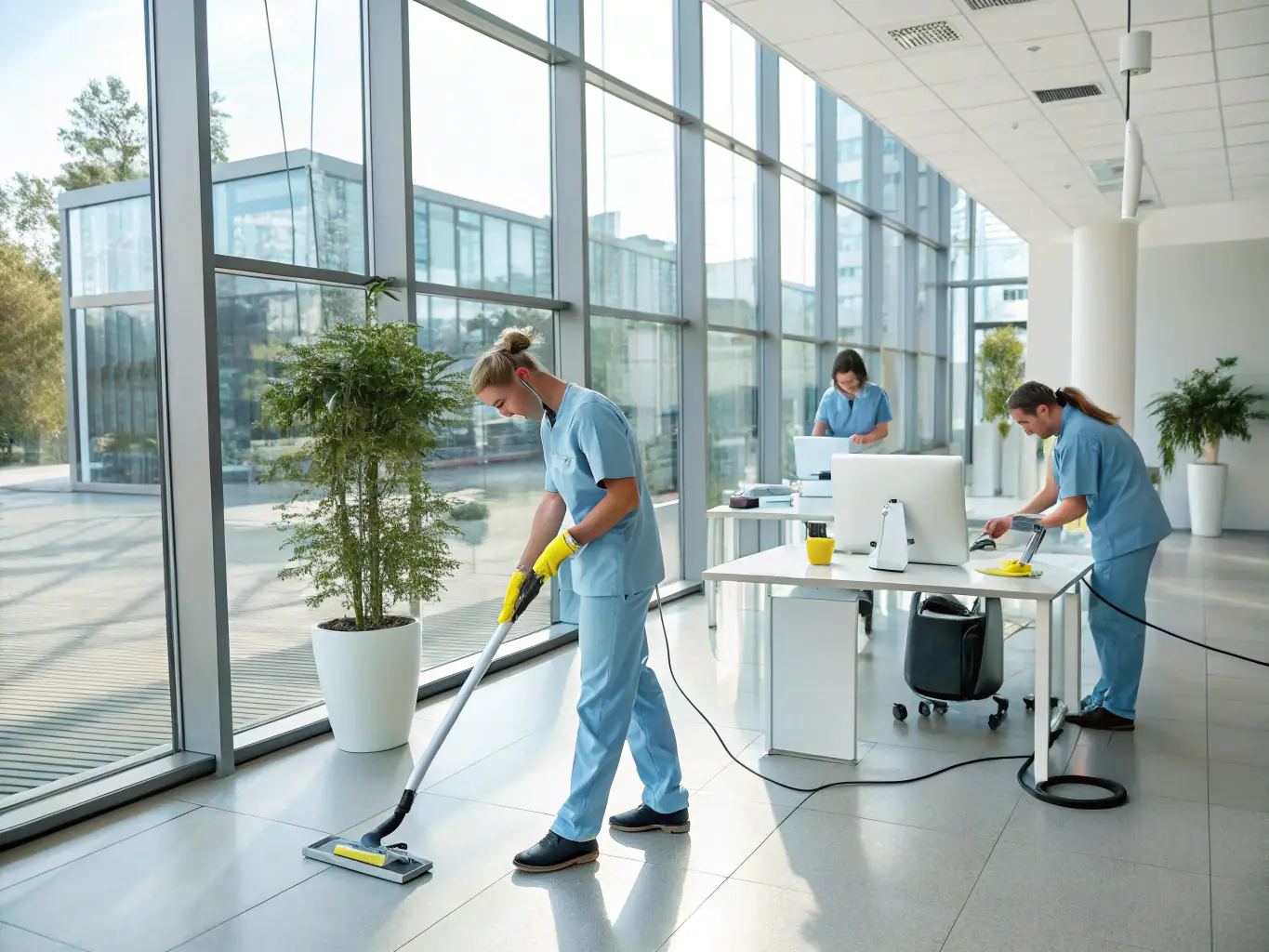 A bustling office space being efficiently cleaned by a cleaning crew, emphasizing professionalism and minimal disruption.