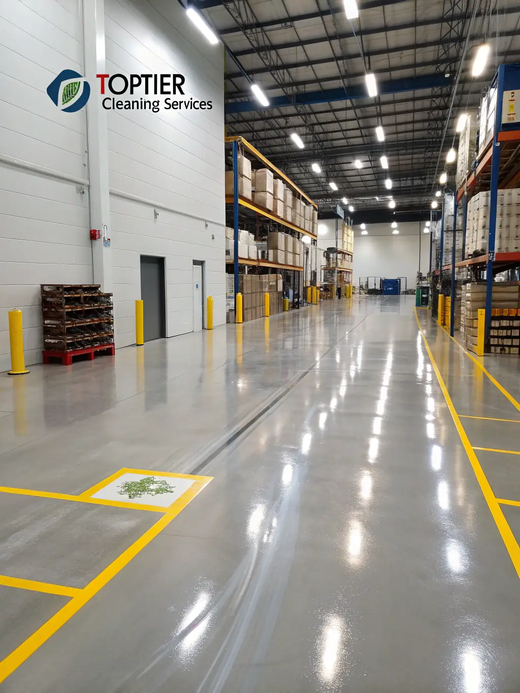 A large industrial warehouse with specialized cleaning equipment in operation, highlighting the scale and precision of industrial cleaning services.