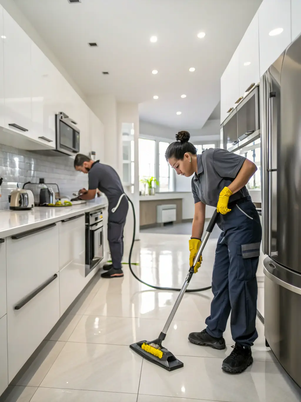 A high-definition photo of a cleaning crew meticulously cleaning a modern kitchen, focusing on the sparkling countertops and spotless appliances, showcasing deep cleaning services.