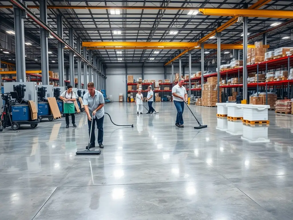 A large industrial warehouse being cleaned with advanced equipment, highlighting the scale and thoroughness of the cleaning process.
