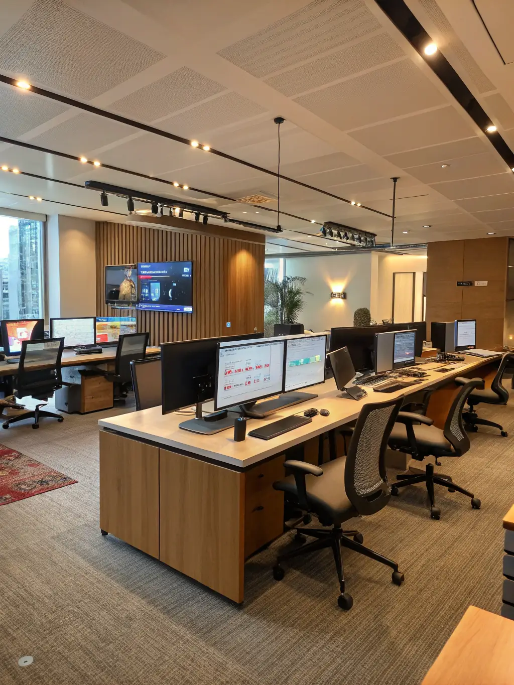 A bustling office environment with employees working at clean desks, reflecting a professional and organized workspace achieved through commercial cleaning services.